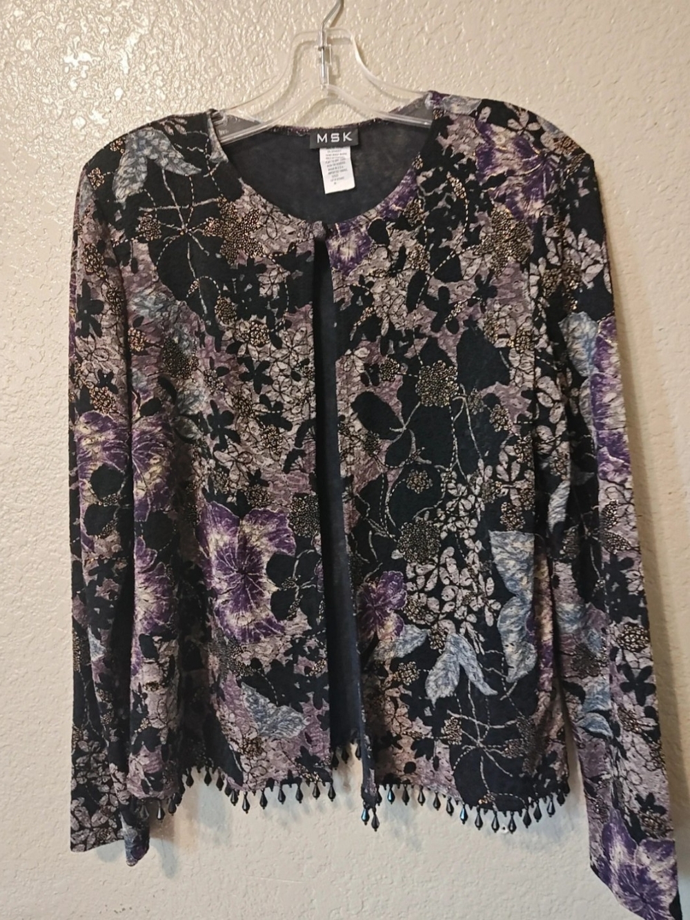 MSK Black Floral Open-Front Beaded-Hem Jacket with Purple Accents